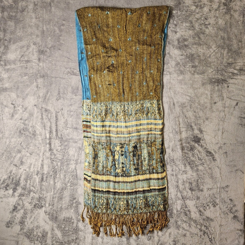 Vtg Y2K Pashmina Silk Scarf Crinkle Fringe Wrap Shawl Olive Gold Turquoise boho